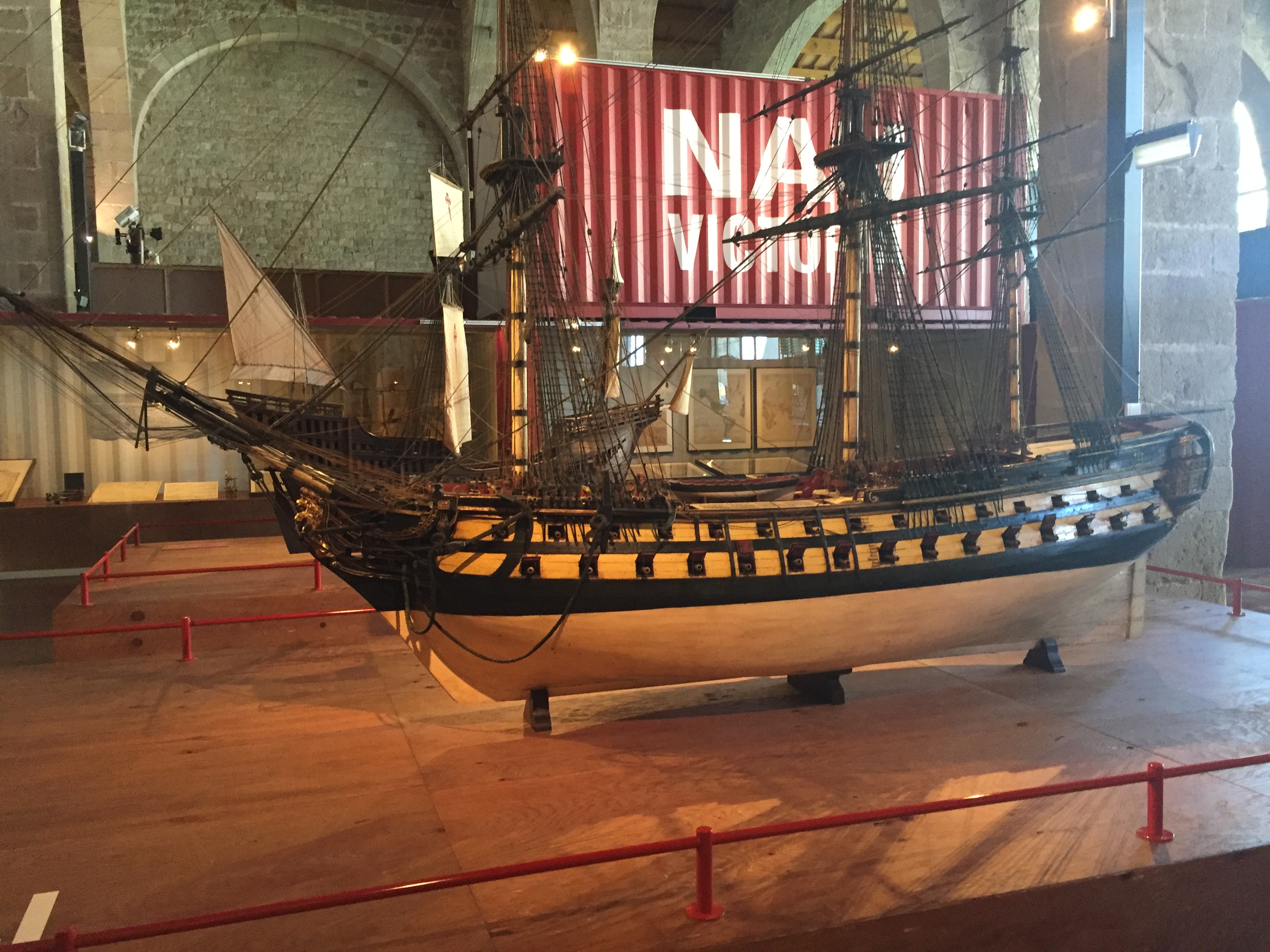 Museu Maritim de Barcelona- A scaled model of a large sailing ship.