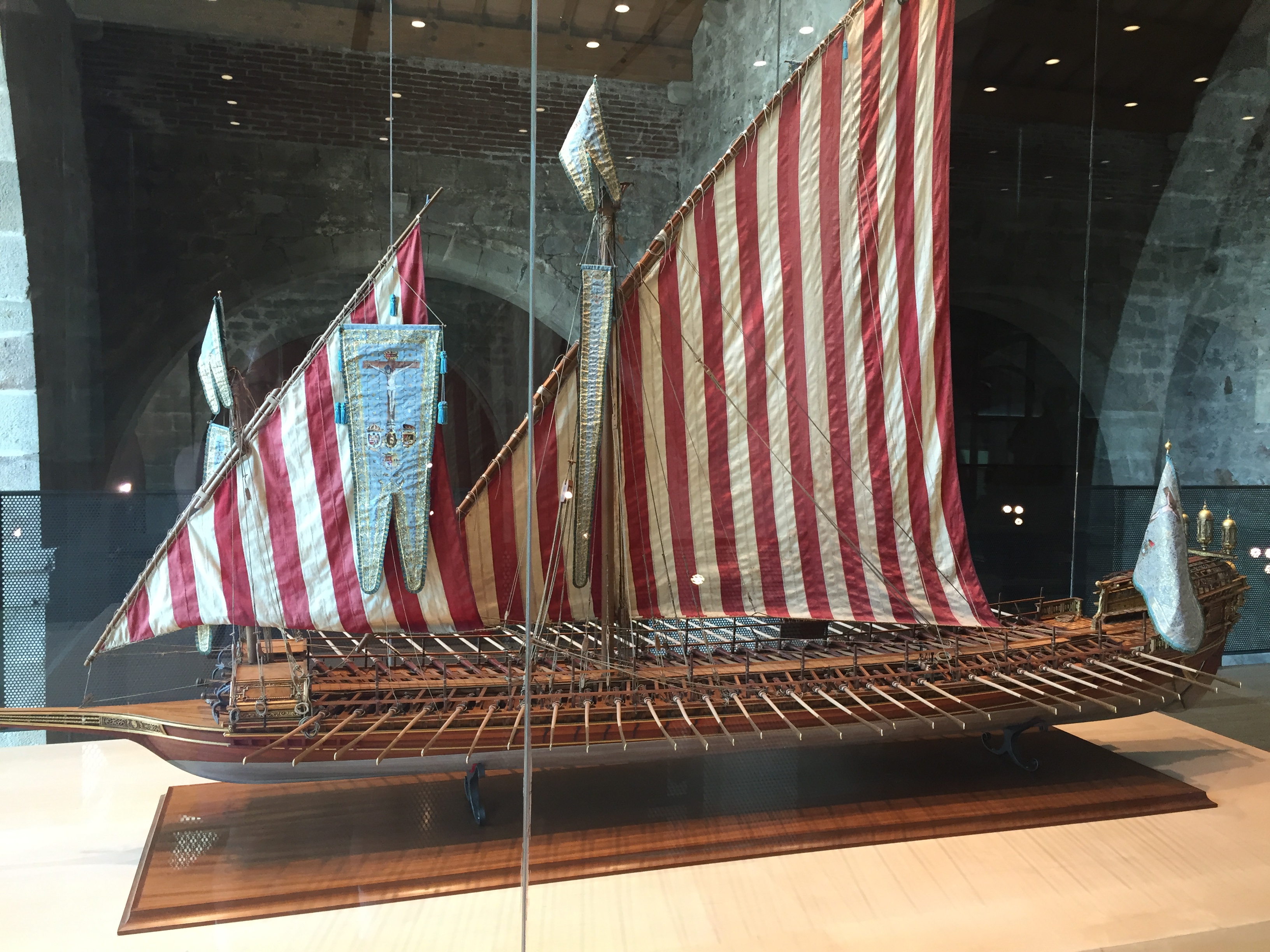 Museu Maritim de Barcelona- The museum featured scale models, life size replicas, and actual boats and ships that documented the history of maritime design from ancient through modern times. In addition to this scale model of a galley ship, there was also an impressive full-size replica, with detailed placards that described the odious hardships endured by the chained slaves who manned the oars.