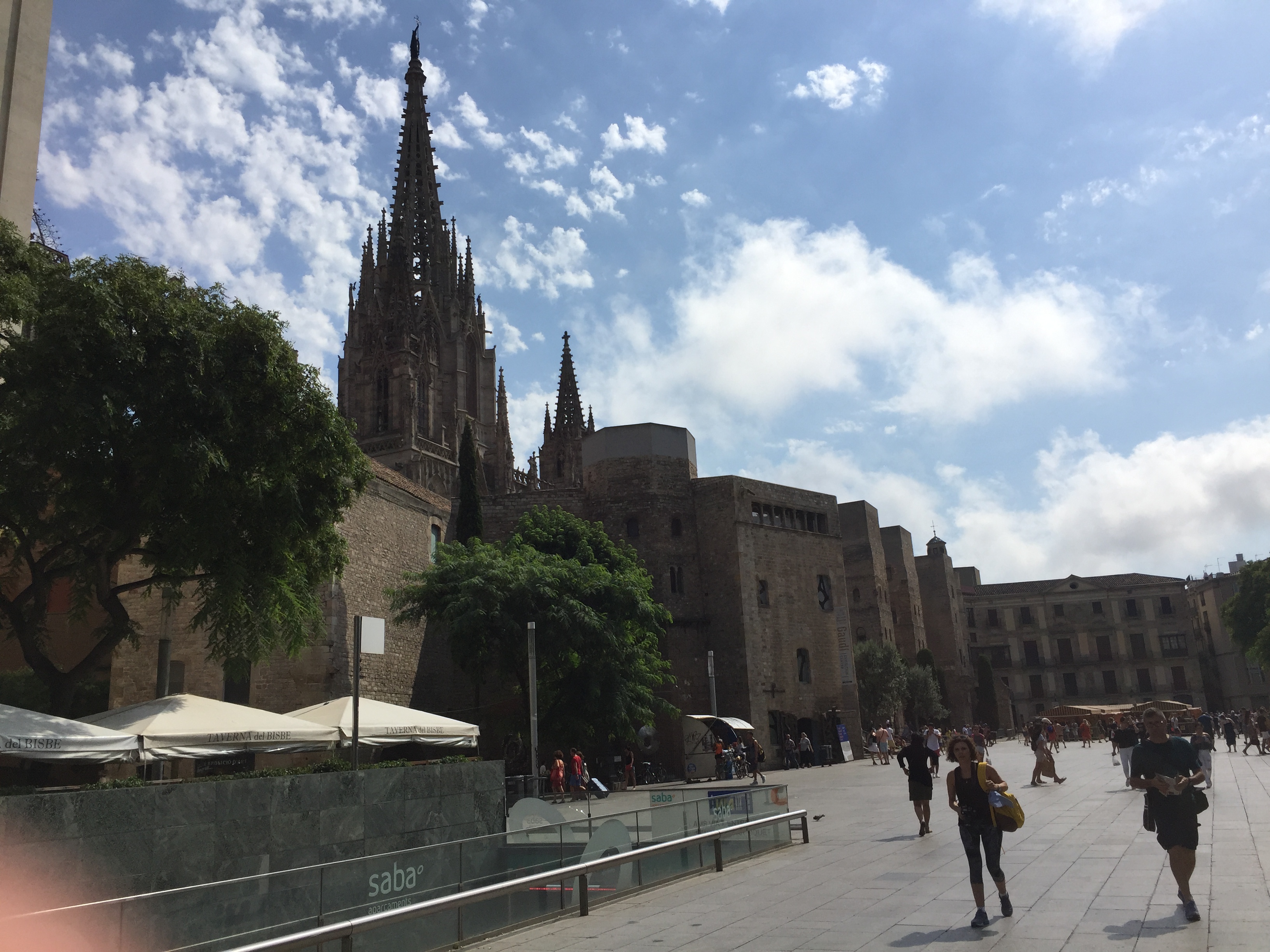 A view from the front plaza showing the spire of the Cathedral.