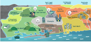 A map of Barcelona's districts. The cost to rent or buy varies greatly depending upon the quality of the neighborhood. Source: shbarcelona.com.