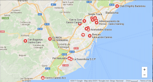 The Google Map search results of "dog training Barcelona."