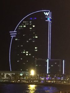 The famous W Hotel at night.
