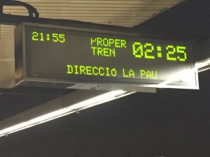 Each Barcelona Metro station has overhead LED signs indicating the time, the train line expected to arrive, and the time to arrival. Most importantly, I never had to wait more than 5 minutes for a Metro train. In contrast, I don't believe I have ever waited less than 5 minutes for a MARTA train.