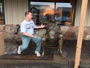 Mark explaining to Ben Franklin that the national bird should be the bald eagle, not the turkey. Jackson, Wyoming.