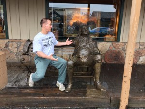 Mark explaining to Ben Franklin that the national bird should be the bald eagle, not the turkey. Jackson, Wyoming.